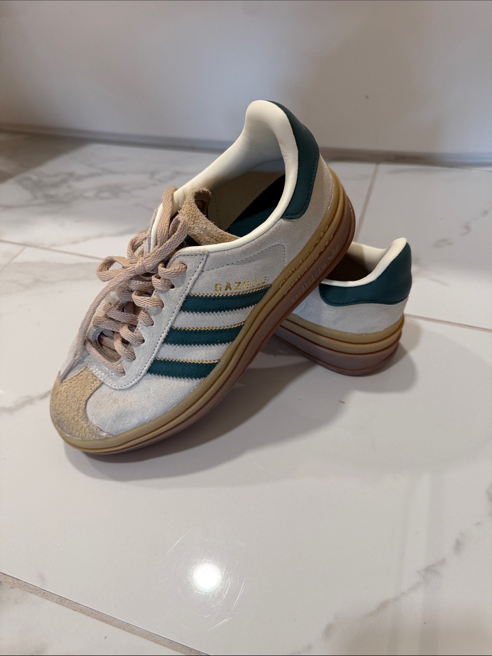 adidas Gazelle Cream Suede Sneakers with Dark Green Stripes